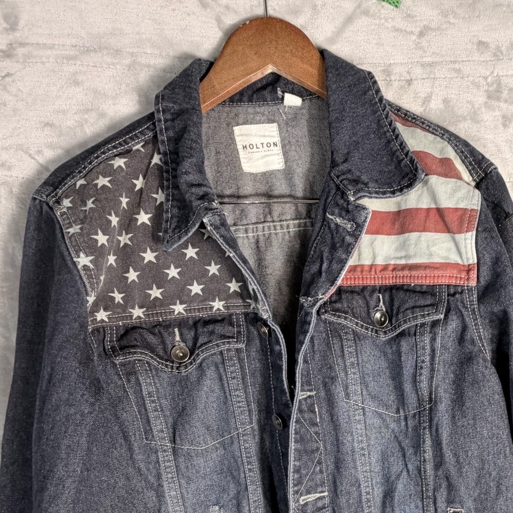 Holton Denim Jacket American Flag Patchwork Size … - image 3